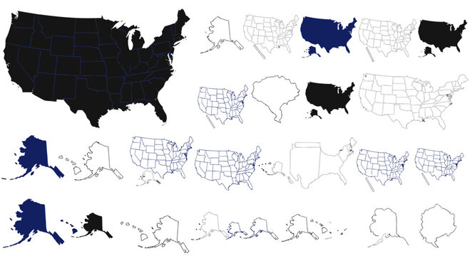 USA Map Collection: States Outlines, Silhouettes & Alaska