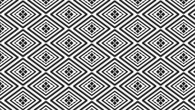seamless monochrome ethnic pattern with geometric diamonds and zigzag borders.abstract black and white tribal textile background with repeating rhombus motifs.modern minimalist folk-inspired geometr