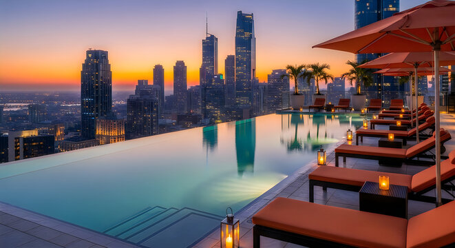 Rooftop pool bar with city skyline at sunset