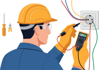 Professional male electrician character testing electrical wall socket voltage with digital multimeter wearing safety helmet and glasses for home maintenance vector. © MSTNAJMA