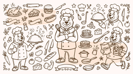Fototapeta premium Vector doodle set of bear chef mascots with a collection of kitchen tools and food ingredients. Hand-drawn line art of cartoon characters and culinary elements isolated on a light background.