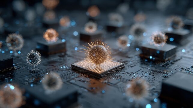 Virus on computer chip circuit board digital dark