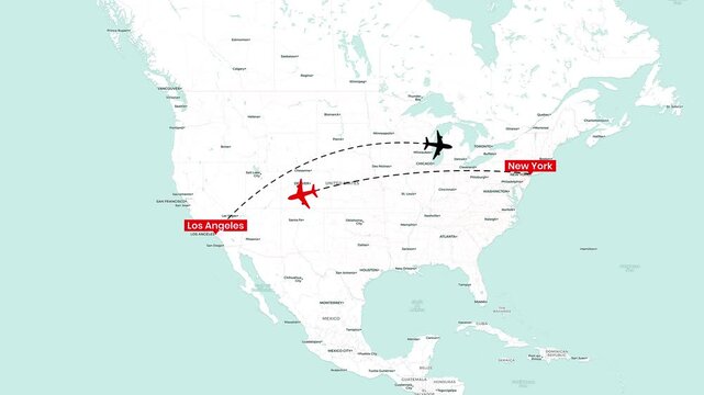 Airplane flying across the map between Los Angeles and New York, motion animation