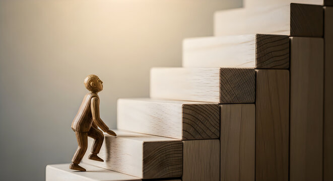 Small figurine climbing wooden block steps