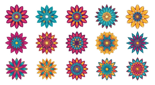 Colorful mandala flower designs in a grid layout with mandala art design element colorful geometric decorative illustration abstract