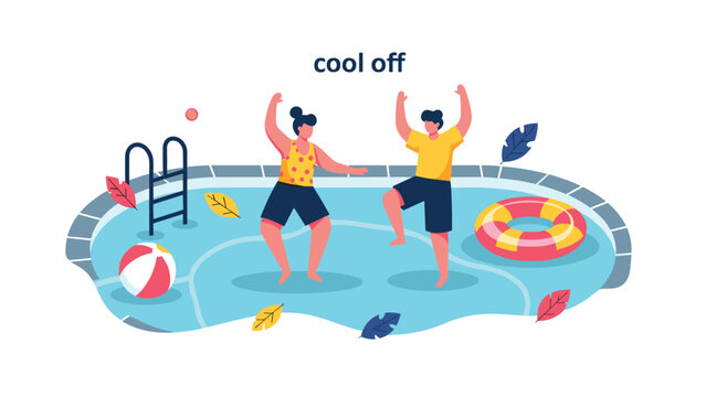 Two people having fun and cooling off by dancing in a blue swimming pool with a beach ball and life buoy.