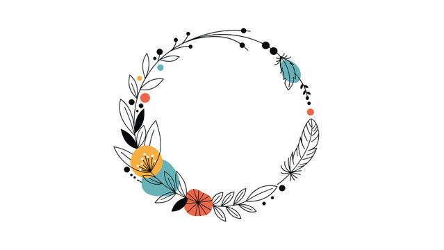 Delicate boho floral wreath design combining thin line art leaves, colorful abstract circles, and soft feathers on a white background.