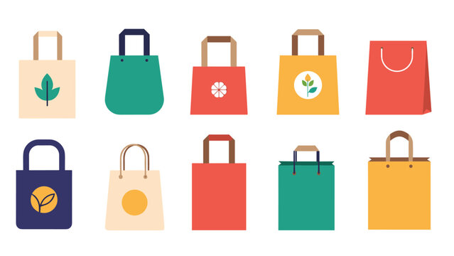 Collection of colorful reusable shopping bags in various designs including leaf, clover, and floral motifs to promote eco-friendly living.