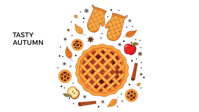 Top view of a fresh homemade apple pie surrounded by baking ingredients like cinnamon, apples, star anise, and thick yellow oven mitts.