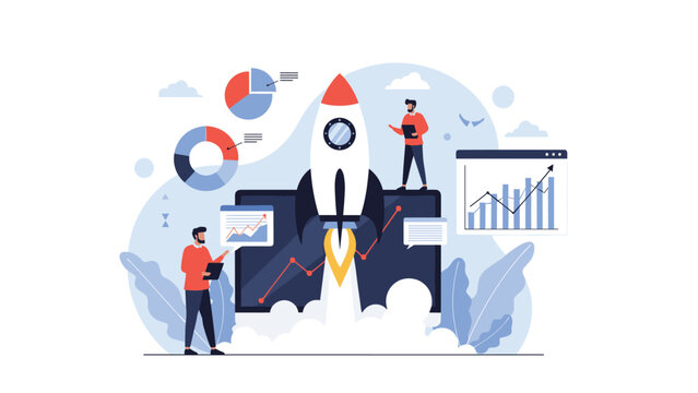 Successful business startup concept shows a rocket ship launching from a computer screen while team members analyze growth data and charts.