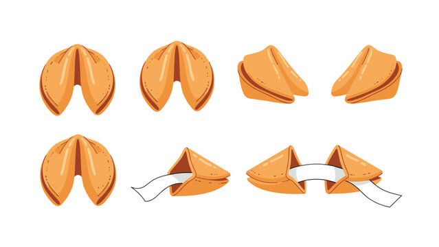 Selection of traditional Chinese fortune cookies is shown in different positions with one broken open to display a blank white paper slip.