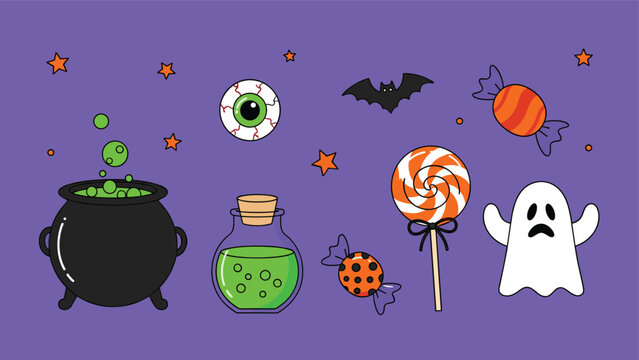 Collection of Halloween magical items including a cauldron, potion, eyeball, bat, ghost, and candy on a bright purple background.