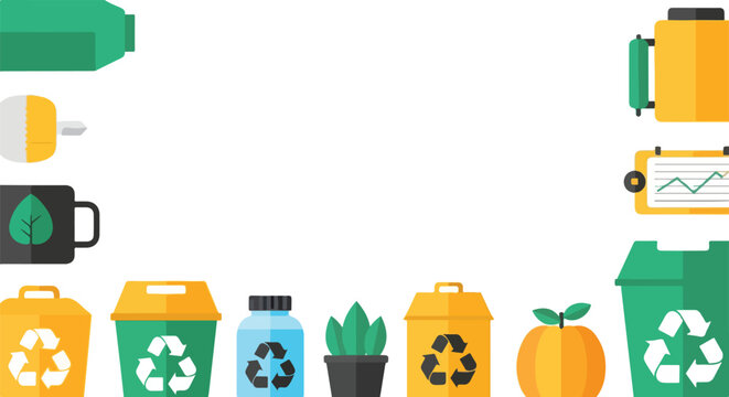 This vector illustration features a collection of eco-friendly icons like recycling bins and plants, framed around a central white space for text.