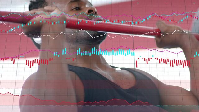 Man gripping red gym bar lowering and pressing up with data charts overlaying shoulder power gains