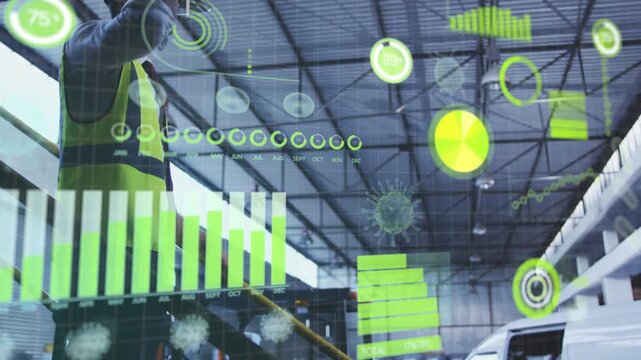 Warehouse tech raising arm, holding handheld, guiding AR charts and gauges to track stock and fleet