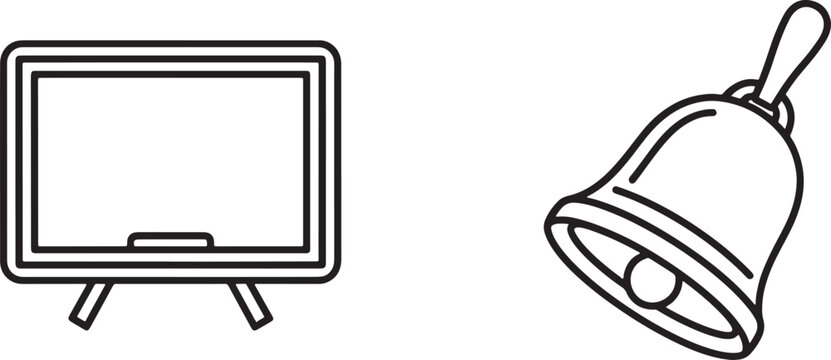 Black and white line featuring a rectangular television screen on a stand and a handheld ringing bell with a clapper