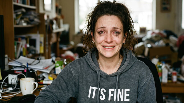 Crying Stressed Woman in Messy Office Wearing It's Fine Hoodie