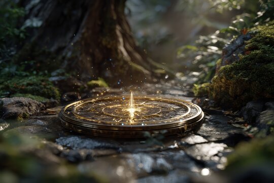 Antique golden compass glowing in mystical forest clearing