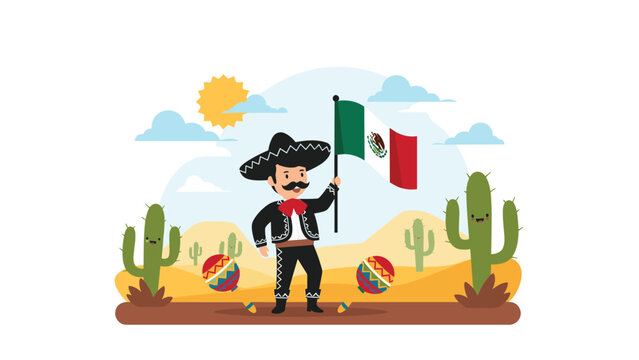 Proud Mexican man wearing a traditional charro outfit holding a national flag in a scenic desert landscape.