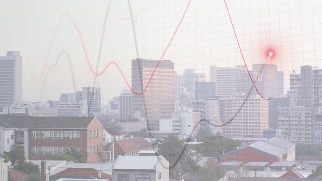 Red and gray lines appearing from left sweeping skyline crossing pulsing node glowing showing data