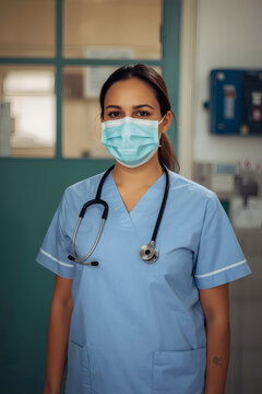 Serious female healthcare worker with mask and stethoscope in clinic
