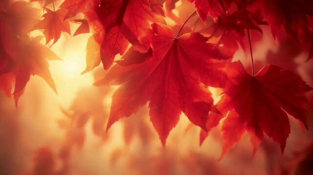 close-up capturing the mist-like light softly filtering through the autumn foliage