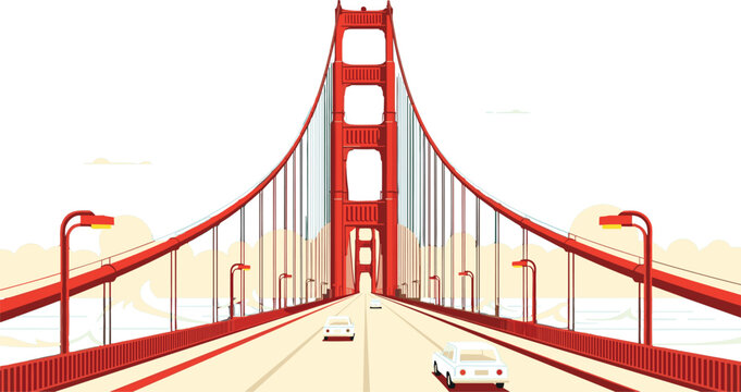 Golden Gate Bridge San Francisco vector illustration featuring the iconic red suspension towers with cars driving across the highway in flat art style.