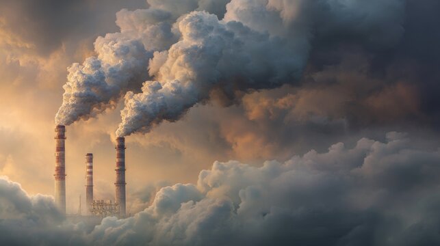 Industrial smokestacks releasing heavy emissions into dramatic sky with dense clouds and air pollution