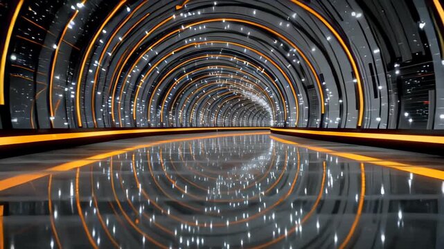 Lighting effects create a modern tunnel view with reflective floors and bright designs in a digital environment