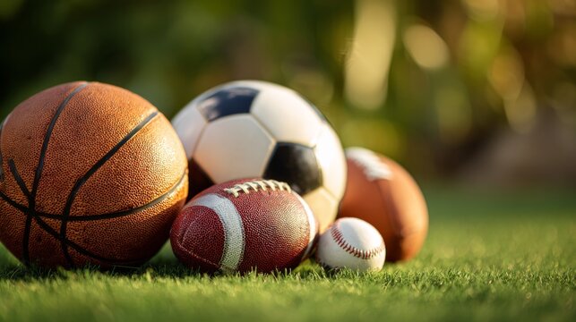 Sports balls on grass field with soccer basketball football and baseball in sunlight