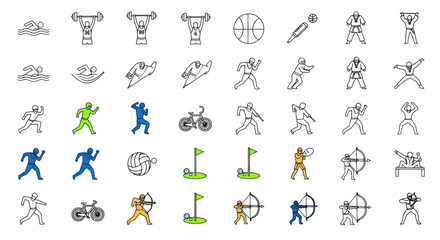 Obraz premium Sports Icons Collection: Swimming, Karate, Basketball, Cycling, Golf, Archery & More