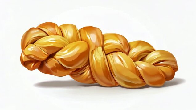 Freshly baked golden braided challah bread loaf rotating on white background