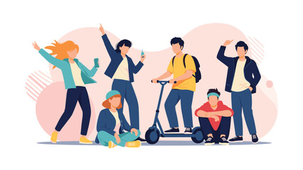 Obraz premium Diverse group of stylish teenagers hanging out together with a kick scooter against a colorful abstract background.