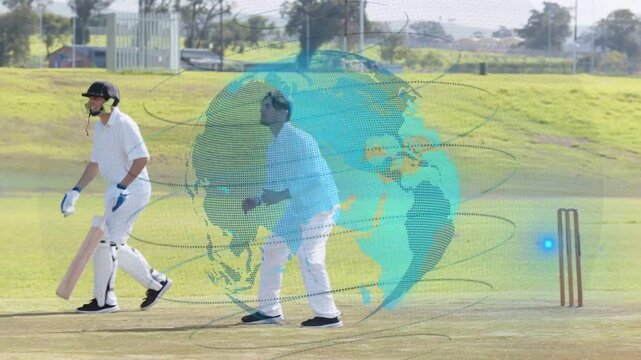 Offframe ball causing wicket catch, batter walking off, team cheering on cricket pitch with globe