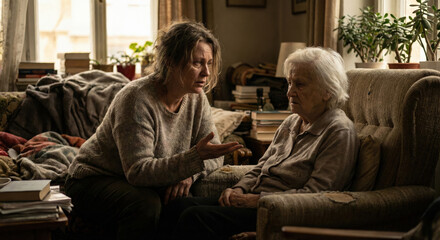 Obraz premium Woman arguing with senior mother in living room about conflict