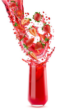 Flow of fresh red strawberry juice pour into glass with fly strawberry slices, bursting splashes, isolated. Perfect for organic antioxidant food advertising, detox menu, fitness diet, juice label.