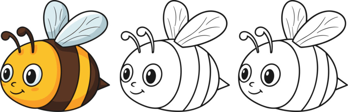 Cute cartoon bee character with color, outline and grayscale versions, kawaii insect vector illustration set isolated design