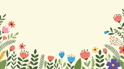 Fototapeta premium Colorful floral border with various spring flowers and green leaves arranged at the bottom of a light cream colored background.