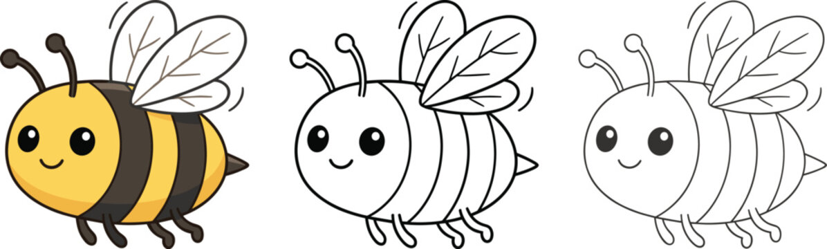 Cute cartoon bee character with outline and grayscale variations, adorable kawaii insect vector illustration isolated on white background
