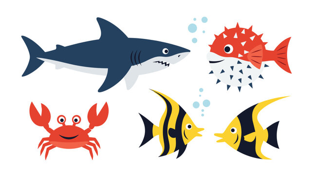 Set of cute cartoon sea animals including a shark pufferfish crab and tropical fish swimming on a white background.