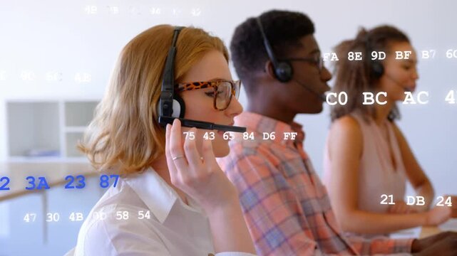 Call-center lead taking call, tuning headset and speaking as data overlaying call info, team typing