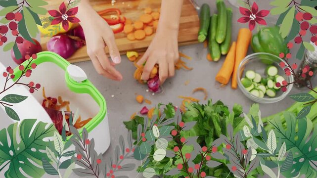 Adult woman gathering peels after slicing carrots, dropping into kitchen compost bin floral frame