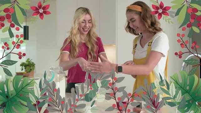 Two women sharing glance, stirring batter with whisk and sifting for cooking, floral border framing