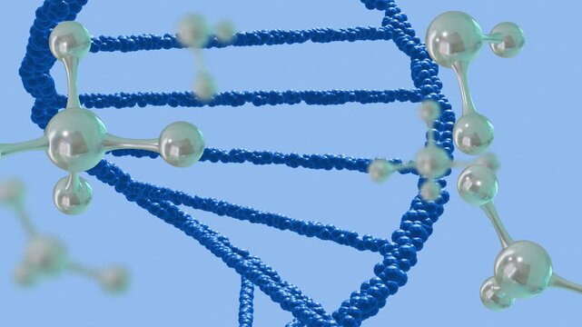 On start blue DNA helix rotating and tilting while silver molecules drifting to visualize structure