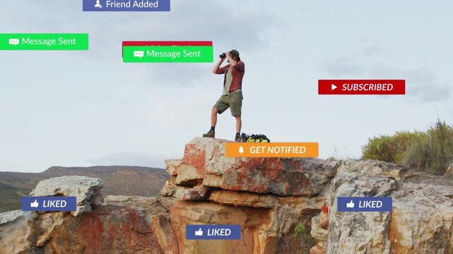 Hiker on cliff scanning horizon with binoculars, social badges appearing, clustering, then fading