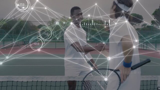 Two male tennis players walking to net after rally, fistbumping while camera zooming and AR metrics
