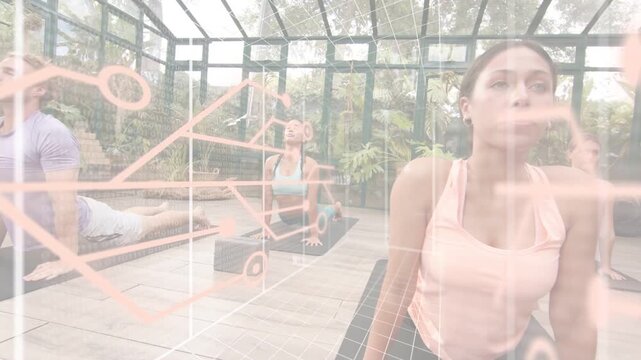 Foreground woman pressing into backbend after yoga instructor cue, HUD overlay guiding alignment