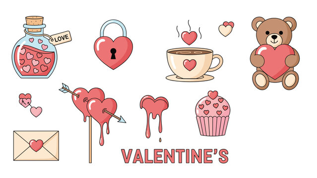 Valentines Day collection of romantic icons including heart shaped lock teddy bear love potion and sweet cupcake.