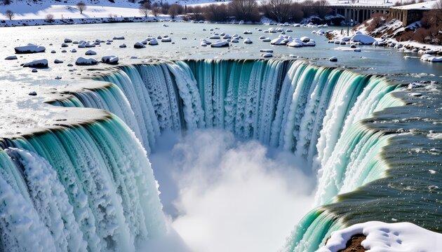 Vortex Waterfall in Winter Landscape with Snowy Rocks and Mist