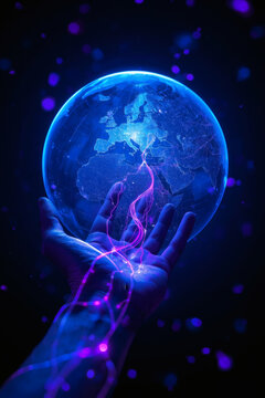 Human hand hold glow earth with purple light connect global network concept